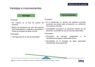 Satisfacción de paciente


Ventajas e inconvenientes

                     Ventajas                                                                  Inconvenientes


Proveedor                                                      Proveedor

  Sin impacto en la lista de precios de                           Si el tratamiento no alcanza los objetivos previstos
  producto                                                        aumentan las dudas sobre el producto y su restricción
                                                                  de acceso al mercado
  Mejora de percepción de valor del producto
  para financiadores y médicos a largo plazo a                    Complejidad vinculada a la interacción directa con los
  través de recogida de datos clínicos                            pacientes; necesidad de uso de recursos adicionales

Financiador                                                    Financiador

  “Se Paga sólo por lo que da resultados”                         Percepción   de     elevada      subjetividad      y   no
                                                                  necesariamente ligado a efectividad clínica
                                                                  Sensibilidad en la recogida de datos personales
                                                                  directamente de los pacientes




 Medidas y medición de resultados: acuerdos y desacuerdos en el reparto de riesgos • 23/6/10
 17
 
