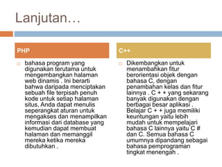 Lanjutan…
 bahasa program yang
digunakan terutama untuk
mengembangkan halaman
web dinamis . Ini berarti
bahwa daripada menciptakan
sebuah file terpisah penuh
kode untuk setiap halaman
situs, Anda dapat menulis
seperangkat aturan untuk
mengakses dan menampilkan
informasi dari database yang
kemudian dapat membuat
halaman dan memanggil
mereka ketika mereka
dibutuhkan .
 Dikembangkan untuk
menambahkan fitur
berorientasi objek dengan
bahasa C, dengan
penambahan kelas dan fitur
lainnya . C + + yang sekarang
banyak digunakan dengan
berbagai besar aplikasi .
Belajar C + + juga memiliki
keuntungan yaitu lebih
mudah untuk mempelajari
bahasa C lainnya yaitu C #
dan C. Semua bahasa C
umumnya dipandang sebagai
bahasa pemprograman
tingkat menengah .
PHP C++
 