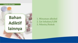 // 2.4. Indonesia One Search
// Narkoba dan Pelajar
1. Minuman alkohol
2. Zat Inhalasi/LEM
3. Nikotin/Rokok
Bahan
Adiktif
lainnya
 