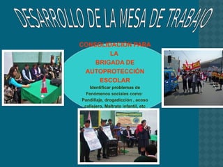 CONSOLIDACIÓN PARA
LA
BRIGADA DE
AUTOPROTECCIÓN
ESCOLAR
Identificar problemas de
Fenómenos sociales como:
Pandillaje, drogadicción , acoso
callejero, Maltrato infantil, etc
 