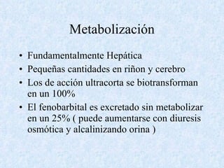 Metabolización Fundamentalmente Hepática Pequeñas cantidades en riñon y cerebro Los de acción ultracorta se biotransforman en un 100% El fenobarbital es excretado sin metabolizar en un 25% ( puede aumentarse con diuresis osmótica y alcalinizando orina ) 