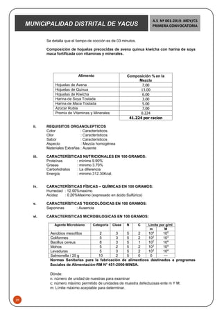 MUNICIPALIDAD DISTRITAL DE YACUS
A.S Nº 001-2019- MDY/CS
PRIMERA CONVOCATORIA
29
Se detalla que el tiempo de cocción es de 03 minutos.
Composición de hojuelas precocidas de avena quinua kiwicha con harina de soya
maca fortificada con vitaminas y minerales.
Alimento Composición % en la
Mezcla
Hojuelas de Avena 7.00
Hojuelas de Quinua 13.00
Hojuelas de Kiwicha 6.00
Harina de Soya Tostada 3.00
Harina de Maca Tostada 5.00
Azúcar Rubia 7.00
Premix de Vitaminas y Minerales 0.224
41.224 por racion
ii. REQUISITOS ORGANOLEPTICOS
Color : Característicos.
Olor : Característicos
Sabor : Característicos
Aspecto : Mezcla homogénea
Materiales Extrañas : Ausente
iii. CARACTERÍSTICAS NUTRICIONALES EN 100 GRAMOS:
Proteínas : mínimo 9.90%
Grasas : mínimo 3.70%
Carbohidratos : La diferencia
Energía : mínimo 312.30Kcal.
iv. CARACTERÍSTICAS FÍSICAS – QUÍMICAS EN 100 GRAMOS:
Humedad : 12.00%maximo
Acidez : 0.20%Maximo (expresado en ácido Sulfúrico)
v. CARACTERÍSTICAS TOXICOLÓGICAS EN 100 GRAMOS:
Saponinas : Ausencia
vi. CARACTERISTICAS MICROBILOGICAS EN 100 GRAMOS:
Agente Microbiano Categoría Clase N C Limite por g/ml
m M
Aerobios mesofilos 2 3 5 2 104
105
Coliformes 5 3 5 2 102
103
Bacillus cereus 8 3 5 1 102
104
Mohos 5 2 5 2 103
104
Levaduras 5 3 5 2 103
104
Salmonella / 25 g 10 2 5 0 0 ---
Normas Sanitarias para la fabricación de alimenticos destinados a programas
Sociales de Alimentación-RM N° 451-2006-MINSA.
Dónde:
n: número de unidad de nuestras para examinar
c: número máximo permitido de unidades de muestra defectuosas ente m Y M.
m: Límite máximo aceptable para determinar.
 