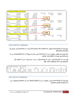‫اُذػـــــــــــــــــبء‬ ‫طبُؼ‬ ٖٓ ‫ر٘غٞٗب‬ ‫ال‬ Translated By:AHMED GAMIL 27
THE VMSTAT COMMAND
ٍ‫ا‬ ‫ٛزا‬ ّٞ‫ٌو‬command‫ثبظٜبس‬how busy the system isٍ‫ا‬ ‫ٝػذد‬processٍ‫ٝا‬ َٔ‫رؼ‬ ً‫اُز‬
blocked process
ٍ‫ا‬ ٖ‫ػ‬ ‫ٓؼِٞٓبد‬ ‫ثبظٜبس‬ ‫ؼب‬ٌ‫ا‬ ّٞ‫رو‬ ‫ًٔب‬memoryٍ‫ا‬ ‫اعزٜالى‬ ‫ٓوذاس‬ َ‫ٓض‬swap daemonٍ‫ا‬ ٖٓ
memoryٍ‫ا‬ ‫هٍٔخ‬ ‫ٝٓب‬bufferٍ‫ٝا‬cache
ٍ‫ا‬ ‫ػذد‬ ًْٝprocessٍ‫ا‬ ‫دخِذ‬ ً‫اُز‬swapٍ‫ا‬ ٖ‫ػ‬ ‫ٝثٍبٗبد‬ ٚ٘ٓ ‫خشعذ‬ ً‫ٝاُز‬usersٍ‫ٝا‬
systemٍ‫ٝا‬idle and waiting time
THE IOSTAT COMMAND
ٍ‫ا‬ ‫ٛزا‬ ّٞ‫ٌو‬commandٍ‫ا‬ ٖ‫ػ‬ ‫ٓؼِٞٓبد‬ ‫ثؼشع‬input/outputٍ‫ا‬ ً‫ك‬systemٖ‫ػ‬ ‫ٝٓؼِٞٓبد‬
ٍ‫ا‬system performance
 