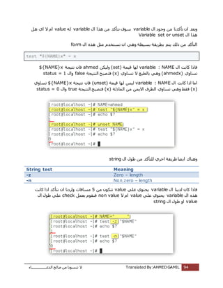‫اُذػـــــــــــــــــبء‬ ‫طبُؼ‬ ٖٓ ‫ر٘غٞٗب‬ ‫ال‬ Translated By:AHMED GAMIL 94
‫رؤ‬ ٕ‫ا‬ ‫ٝثؼذ‬ٍ‫ا‬ ‫ٝعٞد‬ ٖٓ ‫ًذٗب‬variableٍ‫ا‬ ‫ٛزا‬ ٖٓ ‫ٗزؤًذ‬ ‫عٞف‬variableُٚvalueَٛ ‫اي‬ ‫ال‬ ّ‫ا‬
ٍ‫ا‬ ‫ٛزا‬Variable set or unset
ٍ‫ا‬ ٙ‫ٛز‬ َ‫ٓض‬ ّ‫ٗغزخذ‬ ٕ‫ا‬ ًٛٝ ‫ثغٍطخ‬ ‫ثطشٌوخ‬ ْ‫ٌز‬ ‫رُي‬ ٖٓ ‫اُزؤًذ‬form
test "${NAME}x" = x
ٍ‫ا‬ ‫ًبٗذ‬ ‫كبرا‬variable : NAME‫هٍٔخ‬ ‫ُٜب‬(set)ٌٍُٖٝahmed‫ٗزٍغخ‬ ٕ‫كب‬${NAME}x
‫رغبٝي‬(ahmedx)‫رغبٝي‬ ‫ال‬ ‫ثبُطجغ‬ ًٛٝ(x)‫اُ٘زٍغخ‬ ‫ظجؼ‬‫كز‬falseٍ‫ٝا‬status = 1
ٍ‫ا‬ ‫ًبٗذ‬ ‫ارا‬ ‫آب‬variable : NAME‫هٍٔخ‬ ‫ُٜب‬ ‫ٍُظ‬(unset)‫ٗزٍغخ‬ ٕ‫كب‬${NAME}x‫رغبٝي‬
(x)‫أُبدُخ‬ ٖٓ ٌٖٔ‫اال‬ ‫اُطشف‬ ‫رغبٝي‬ ًٛٝ ‫كوؾ‬(x)‫اُ٘زٍغخ‬ ‫ظجؼ‬‫كز‬trueٍ‫ٝا‬status = 0
ٌ‫ؽش‬ ‫ؼب‬ٌ‫ا‬ ‫ٝٛ٘بى‬ٍ‫ا‬ ٍٞ‫ؽ‬ ٖٓ ‫ُِزؤًذ‬ ‫اخشي‬ ‫وخ‬string
String test Meaning
-z Zero – length
-n Non zero – length
ٍ‫ا‬ ‫ُذٌ٘ب‬ ٕ‫ًب‬ ‫كبرا‬variableًِ‫ػ‬ ‫ٌؾزٞي‬valueٖٓ ٌٕٞ‫رز‬5‫ًبٗذ‬ ‫ارا‬ ‫ٗزؤًذ‬ ٕ‫ا‬ ‫ٝاسدٗب‬ ‫ٓغبكبد‬
ٍ‫ا‬ ٙ‫ٛز‬variableًِ‫ػ‬ ‫ٌؾزٞي‬value‫ال‬ ّ‫ا‬non valueَٔ‫ثؼ‬ ّٞ‫ك٘و‬checkٍ‫ا‬ ٍٞ‫ؽ‬ ًِ‫ػ‬
valueٍ‫ا‬ ٍٞ‫ؽ‬ ٝ‫ا‬string
 