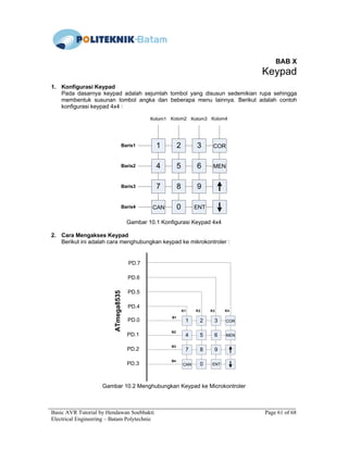 Basic AVR Tutorial by Hendawan Soebhakti Page 61 of 68
Electrical Engineering – Batam Polytechnic
BAB X
Keypad
1. Konfigurasi Keypad
Pada dasarnya keypad adalah sejumlah tombol yang disusun sedemikian rupa sehingga
membentuk susunan tombol angka dan beberapa menu lainnya. Berikut adalah contoh
konfigurasi keypad 4x4 :
1 2 3
4 5 6
7 8 9
0CAN ENT
COR
MEN
Kolom1 Kolom2 Kolom3 Kolom4
Baris1
Baris2
Baris3
Baris4
Gambar 10.1 Konfigurasi Keypad 4x4
2. Cara Mengakses Keypad
Berikut ini adalah cara menghubungkan keypad ke mikrokontroler :
1 2 3
4 5 6
7 8 9
0CAN ENT
COR
MEN
B1
B2
B3
B4
K1 K2 K3 K4
PD.0
PD.1
PD.2
PD.3
PD.7
PD.6
PD.5
PD.4
ATmega8535
Gambar 10.2 Menghubungkan Keypad ke Microkontroler
 