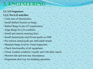 3. ENGINEERING
3.2. LO Sequences
3.2.2. Pre-LO activities
- Clear area of obstructions.
- Install Ballast System on barge.
- Ballast Barge to pre-LO requirement.
- Align Barge for LO condition.
- Install and tension mooring lines.
- Install Strand-jacks and Power-packs on DSF.
- Pre-tension strand-jacks per individual strand.
- Maintain barge level by visual inspection.
- Check functionality of all equipment.
- Check weather condition visually and with daily report.
- Monitor tide and note any discrepancy.
- Preparation skid way for skidding operation.
 