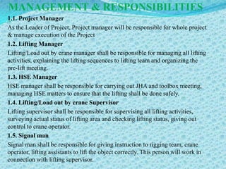 MANAGEMENT & RESPONSIBILITIES
1.1. Project Manager
As the Leader of Project, Project manager will be responsible for whole project
& manage execution of the Project
1.2. Lifting Manager
Lifting/Load out by crane manager shall be responsible for managing all lifting
activities, explaining the lifting sequences to lifting team and organizing the
pre-lift meeting.
1.3. HSE Manager
HSE manager shall be responsible for carrying out JHA and toolbox meeting,
managing HSE matters to ensure that the lifting shall be done safely.
1.4. Lifting/Load out by crane Supervisor
Lifting supervisor shall be responsible for supervising all lifting activities,
surveying actual status of lifting area and checking lifting status, giving out
control to crane operator.
1.5. Signal man
Signal man shall be responsible for giving instruction to rigging team, crane
operator, lifting assistants to lift the object correctly. This person will work in
connection with lifting supervisor.
 