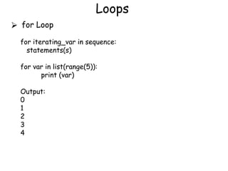 Loops
⮚ for Loop
for iterating_var in sequence:
statements(s)
for var in list(range(5)):
print (var)
Output:
0
1
2
3
4
 