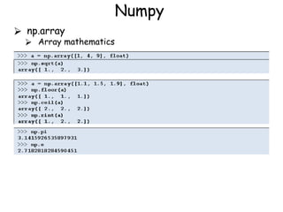 Numpy
⮚ np.array
⮚ Array mathematics
 