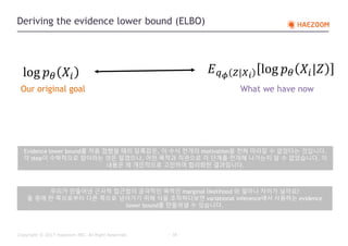 Copyright ⓒ 2017 Haezoom INC. All Right Reserved. - 38 -
Deriving the evidence lower bound (ELBO)
𝐸 𝑞 𝜙 𝑍|𝑋 𝑖
log 𝑝 𝜃 𝑋𝑖|𝑍log 𝑝 𝜃 𝑋𝑖
우리가 만들어낸 근사적 접근법이 궁극적인 목적인 marginal likelihood 와 얼마나 차이가 날까요?
둘 중에 한 쪽으로부터 다른 쪽으로 넘어가기 위해 식을 조작하다보면 variational inference에서 사용하는 evidence
lower bound를 만들어낼 수 있습니다.
Our original goal What we have now
Evidence lower bound를 처음 접했을 때의 당혹감은, 이 수식 전개의 motivation을 전혀 따라갈 수 없었다는 것입니다.
각 step이 수학적으로 참이라는 것은 알겠으나, 어떤 목적과 직관으로 각 단계를 전개해 나가는지 알 수 없었습니다. 이
내용은 제 개인적으로 고민하여 합리화한 결과입니다.
 