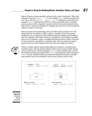 Chapter 6: Using the Building Blocks: Variables, Values, and Types             91
              Figure 6-2 gives a before-and-after picture of the code in Listing 6-1. When the
              computer executes amount = 5.95, the variable amount has the number 5.95
              in it. Then, after the amount = amount + 25.00 statement is executed, the
              variable amount suddenly has 30.95 in it. When you think about a variable,
              picture a place in the computer’s memory where wires and transistors store
              5.95, 30.95, or whatever. In Figure 6-2, imagine that each box is surrounded by
              millions of other such boxes.

              Now you need some terminology. (You can follow along in Figure 6-3.) The
              thing stored in a variable is called a value. A variable’s value can change
              during the run of a program (when SnitSoft adds the shipping and handling
              cost, for example). The value stored in a variable isn’t necessarily a number.
              (You can, for example, create a variable that always stores a letter.) The kind
              of value stored in a variable is a variable’s type. (You can read more about
              types in the rest of this chapter and in the next two chapters as well.)

              There’s a subtle, almost unnoticeable difference between a variable and a
              variable’s name. Even in formal writing, I often use the word variable when I
              mean variable name. Strictly speaking, amount is the variable name, and all
              the memory storage associated with amount (including the value and type of
              amount) is the variable itself. If you think this distinction between variable
              and variable name is too subtle for you to worry about, join the club.




Figure 6-2:
A variable
   (before
and after).
 