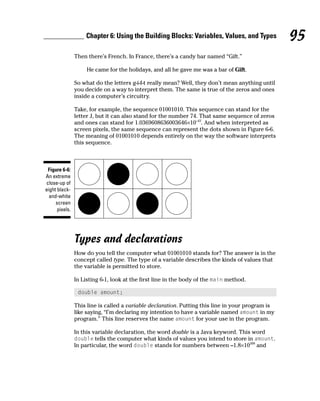 Chapter 6: Using the Building Blocks: Variables, Values, and Types             95
                Then there’s French. In France, there’s a candy bar named “Gift.”

                     He came for the holidays, and all he gave me was a bar of Gift.

                So what do the letters g-i-f-t really mean? Well, they don’t mean anything until
                you decide on a way to interpret them. The same is true of the zeros and ones
                inside a computer’s circuitry.

                Take, for example, the sequence 01001010. This sequence can stand for the
                letter J, but it can also stand for the number 74. That same sequence of zeros
                and ones can stand for 1.0369608636003646×10–43. And when interpreted as
                screen pixels, the same sequence can represent the dots shown in Figure 6-6.
                The meaning of 01001010 depends entirely on the way the software interprets
                this sequence.



 Figure 6-6:
An extreme
close-up of
eight black-
  and-white
     screen
      pixels.




                Types and declarations
                How do you tell the computer what 01001010 stands for? The answer is in the
                concept called type. The type of a variable describes the kinds of values that
                the variable is permitted to store.

                In Listing 6-1, look at the first line in the body of the main method.

                 double amount;

                This line is called a variable declaration. Putting this line in your program is
                like saying, “I’m declaring my intention to have a variable named amount in my
                program.” This line reserves the name amount for your use in the program.

                In this variable declaration, the word double is a Java keyword. This word
                double tells the computer what kinds of values you intend to store in amount.
                In particular, the word double stands for numbers between –1.8×10308 and
 