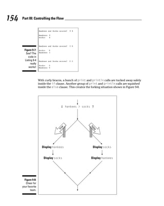 154   Part III: Controlling the Flow




        Figure 9-7:
         See? The
           code in
        Listing 9-4
             really
            works!



                      With curly braces, a bunch of print and println calls are tucked away safely
                      inside the if clause. Another group of print and println calls are squished
                      inside the else clause. This creates the forking situation shown in Figure 9-8.




                                              hankees > socks




                                          e
                                       tru
                                                                fa
                                                                lse




                         Display hankees                         Display socks


                          Display socks                         Display hankees




        Figure 9-8:
         Cheer for
      your favorite
             team.
 