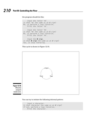 210   Part III: Controlling the Flow

                      the program should do this:

                           Input the letter ‘o’.
                       Is that ‘o’ the same as an @ sign?
                       No, so perform a loop iteration.
                           Print the letter ‘o’.

                           Input the letter ‘n’.
                       Is that ‘n’ the same as an @ sign?
                       No, so perform a loop iteration.
                           Print the letter ‘n’.

                           Input the @ sign.
                       Is that @ sign the same as an @ sign?
                       Yes, so stop iterating.

                      This cycle is shown in Figure 12-10.




      Figure 12-10:
         What the
          program
      needs to do.



                      You can try to imitate the following informal pattern:

                           Input a character.
                       Is that character the same as an @ sign?
                       If not, perform a loop iteration.
                           Print the character.
 