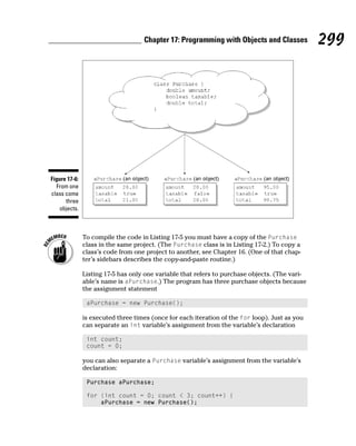 Chapter 17: Programming with Objects and Classes            299




Figure 17-6:
  From one
class come
      three
    objects.



               To compile the code in Listing 17-5 you must have a copy of the Purchase
               class in the same project. (The Purchase class is in Listing 17-2.) To copy a
               class’s code from one project to another, see Chapter 16. (One of that chap-
               ter’s sidebars describes the copy-and-paste routine.)

               Listing 17-5 has only one variable that refers to purchase objects. (The vari-
               able’s name is aPurchase.) The program has three purchase objects because
               the assignment statement

                aPurchase = new Purchase();

               is executed three times (once for each iteration of the for loop). Just as you
               can separate an int variable’s assignment from the variable’s declaration

                int count;
                count = 0;

               you can also separate a Purchase variable’s assignment from the variable’s
               declaration:

                Purchase aPurchase;

                for (int count = 0; count < 3; count++) {
                    aPurchase = new Purchase();
 