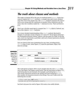Chapter 18: Using Methods and Variables from a Java Class              311
               The truth about classes and methods
               The magic in Listing 18-5 is the use of a method named equals. I have two
               ways to explain the equals method — a simple way, and a more detailed
               way. First, here’s the simple way: The equals method compares the charac-
               ters in one string with the characters in another. If the characters are the
               same, then the condition inside the if statement is true. That’s all there is
               to it.

               Don’t use a double equal sign to compare two String objects. Instead, use
               one of the objects’ equals methods.

               For a more detailed understanding of the equals method, flip back to
               Chapter 17 and take a look at Figures 17-7 and 17-8. Those figures illustrate
               the similarities between classes, objects, and the parts of a table. In the fig-
               ures, each row represents a purchase, and each column represents a feature
               that purchases possess.

               You can observe the same similarities for any class, including Java’s
               String class. In fact, what Figure 17-7 does for purchases, Figure 18-6
               does for strings.




Figure 18-6:
Viewing the
String class
 and String
 objects as
  parts of a
      table.



               The stuff shown in Figure 18-6 is much simpler than the real String class
               story. But Figure 18-6 makes a good point. Like the purchases in Figure 17-7,
               each string has its own features. For example, each string has a value
               (the actual characters stored in the string) and each string has a count
               (the number of characters stored in the string). You can’t really write the
               following line of code:

                //This code does NOT work:
                System.out.println(password.count);

               but that’s because the stuff in Figure 18-6 omits a few subtle details.
 