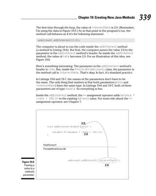 Chapter 19: Creating New Java Methods           339
               The first time through the loop, the value of interestRate is 2.0. (Remember,
               I’m using the data in Figure 19-5.) So at that point in the program’s run, the
               method call behaves as if it’s the following statement:

                anAccount.addInterest(2.0);

               The computer is about to run the code inside the addInterest method
               (a method in Listing 19-6). But first, the computer passes the value 2.0 to the
               parameter in the addInterest method’s header. So inside the addInterest
               method, the value of rate becomes 2.0. For an illustration of this idea, see
               Figure 19-6.

               Here’s something interesting. The parameter in the addInterest method’s
               header is rate. But, inside the ProcessNiceAccounts class, the parameter in
               the method call is interestRate. That’s okay. In fact, it’s standard practice.

               In Listings 19-6 and 19-7, the names of the parameters don’t have to be
               the same. The only thing that matters is that both parameters (rate and
               interestRate) have the same type. In Listings 19-6 and 19-7, both of these
               parameters are of type double. So everything is fine.

               Inside the addInterest method, the += assignment operator adds balance *
               (rate / 100.0) to the existing balance value. For some info about the +=
               assignment operator, see Chapter 7.




Figure 19-6:
  Passing a
  value to a
   method’s
 parameter.
 