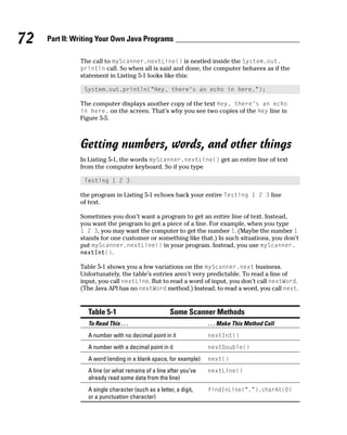 72   Part II: Writing Your Own Java Programs

               The call to myScanner.nextLine() is nestled inside the System.out.
               println call. So when all is said and done, the computer behaves as if the
               statement in Listing 5-1 looks like this:

                System.out.println(“Hey, there’s an echo in here.”);

               The computer displays another copy of the text Hey, there’s an echo
               in here. on the screen. That’s why you see two copies of the Hey line in
               Figure 5-5.



               Getting numbers, words, and other things
               In Listing 5-1, the words myScanner.nextLine() get an entire line of text
               from the computer keyboard. So if you type

                Testing 1 2 3

               the program in Listing 5-1 echoes back your entire Testing 1 2 3 line
               of text.

               Sometimes you don’t want a program to get an entire line of text. Instead,
               you want the program to get a piece of a line. For example, when you type
               1 2 3, you may want the computer to get the number 1. (Maybe the number 1
               stands for one customer or something like that.) In such situations, you don’t
               put myScanner.nextLine() in your program. Instead, you use myScanner.
               nextInt().

               Table 5-1 shows you a few variations on the myScanner.next business.
               Unfortunately, the table’s entries aren’t very predictable. To read a line of
               input, you call nextLine. But to read a word of input, you don’t call nextWord.
               (The Java API has no nextWord method.) Instead, to read a word, you call next.


                 Table 5-1                          Some Scanner Methods
                 To Read This . . .                               . . . Make This Method Call
                 A number with no decimal point in it             nextInt()

                 A number with a decimal point in it              nextDouble()

                 A word (ending in a blank space, for example)    next()

                 A line (or what remains of a line after you’ve   nextLine()
                 already read some data from the line)
                 A single character (such as a letter, a digit,   findInLine(“.”).charAt(0)
                 or a punctuation character)
 
