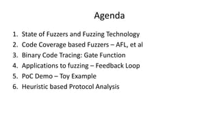 Agenda
1. State of Fuzzers and Fuzzing Technology
2. Code Coverage based Fuzzers – AFL, et al
3. Binary Code Tracing: Gate Function
4. Applications to fuzzing – Feedback Loop
5. PoC Demo – Toy Example
6. Heuristic based Protocol Analysis
 