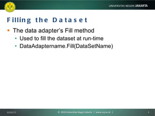 Filling the Dataset The data adapter’s Fill method Used to fill the dataset at run-time   DataAdaptername.Fill(DataSetName) 01/02/11 ©  2010 Universitas Negeri Jakarta  |  www.unj.ac.id  | 