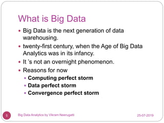 What is Big Data
25-07-2019Big Data Analytics by Vikram Neerugatti5
 Big Data is the next generation of data
warehousing.
 twenty-first century, when the Age of Big Data
Analytics was in its infancy.
 It ’s not an overnight phenomenon.
 Reasons for now
 Computing perfect storm
 Data perfect storm
 Convergence perfect storm
 