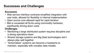 Successes and Challenges
  Successes
  • Web service interface contracts simplified integration with
    user tools, allowed for flexibility in internal implementation
  • Open source core allowed rapid for rapid iteration
  • Met or exceeded all SLAs using commodity hardware,
    significantly driving down costs
  Challenges
  • Monitoring a large distributed system requires discipline and
    a strong operations team
  • Shared storage systems and Big Data technologies don’t
    always play well together
  • “Schemaless” systems can become a headache to
    maintain, especially with complex data models

Copyright © 2012 Accenture All rights reserved.                      22
 
