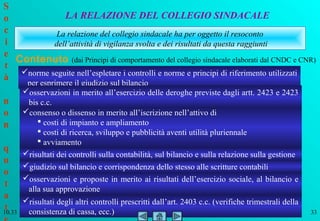 S
o             LA RELAZIONE DEL COLLEGIO SINDACALE
c           La relazione del collegio sindacale ha per oggetto il resoconto
i          dell’attività di vigilanza svolta e dei risultati da questa raggiunti
e
  Contenuto (dai Principi di comportamento del collegio sindacale elaborati dal CNDC e CNR)
t
   norme seguite nell’espletare i controlli e norme e principi di riferimento utilizzati
à
         per esprimere il giudizio sul bilancio
        osservazioni in merito all’esercizio delle deroghe previste dagli artt. 2423 e 2423
n        bis c.c.
o       consenso o dissenso in merito all’iscrizione nell’attivo di
n            costi di impianto e ampliamento
             costi di ricerca, sviluppo e pubblicità aventi utilità pluriennale
             avviamento
q
        risultati dei controlli sulla contabilità, sul bilancio e sulla relazione sulla gestione
u
        giudizio sul bilancio e corrispondenza dello stesso alle scritture contabili
o
        osservazioni e proposte in merito ai risultati dell’esercizio sociale, al bilancio e
t
         alla sua approvazione
a
        risultati degli altri controlli prescritti dall’art. 2403 c.c. (verifiche trimestrali della
t
10.33    consistenza di cassa, ecc.)                                                                   33
 