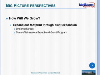 BIG PICTURE PERSPECTIVES
 How Will We Grow?
 Expand our footprint through plant expansion
 Unserved areas
 State of Minnesota Broadband Grant Program
9
Mediacom Proprietary and Confidential
 