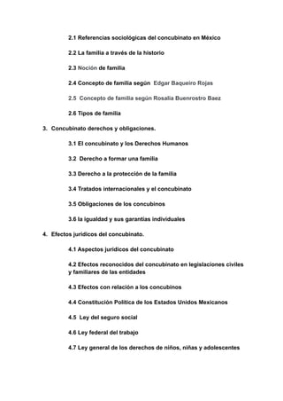 2.1 Referencias sociológicas del concubinato en México
2.2 La familia a través de la historio
2.3 Noción de familia
2.4 Concepto de familia según Edgar Baqueiro Rojas
2.5 Concepto de familia según Rosalia Buenrostro Baez
2.6 Tipos de familia
3. Concubinato derechos y obligaciones.
3.1 El concubinato y los Derechos Humanos
3.2 Derecho a formar una familia
3.3 Derecho a la protección de la familia
3.4 Tratados internacionales y el concubinato
3.5 Obligaciones de los concubinos
3.6 la igualdad y sus garantías individuales
4. Efectos jurídicos del concubinato.
4.1 Aspectos jurídicos del concubinato
4.2 Efectos reconocidos del concubinato en legislaciones civiles
y familiares de las entidades
4.3 Efectos con relación a los concubinos
4.4 Constitución Política de los Estados Unidos Mexicanos
4.5 Ley del seguro social
4.6 Ley federal del trabajo
4.7 Ley general de los derechos de niños, niñas y adolescentes
 