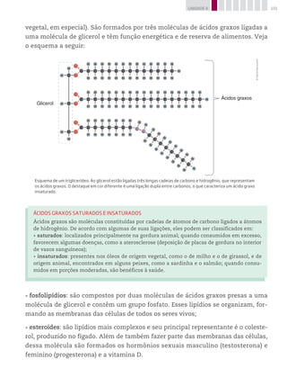 101UNIDADE 4
vegetal, em especial). São formados por três moléculas de ácidos graxos ligadas a
uma molécula de glicerol e têm função energética e de reserva de alimentos. Veja
o esquema a seguir:
Glicerol
Ácidos graxos
Esquema de um triglicerídeo. Ao glicerol estão ligadas três longas cadeias de carbono e hidrogênio, que representam
os ácidos graxos. O destaque em cor diferente é uma ligação dupla entre carbonos, o que caracteriza um ácido graxo
insaturado.
©DanielBeneventi
Ácidos graxos saturados e insaturados
Ácidos graxos são moléculas constituídas por cadeias de átomos de carbono ligados a átomos
de hidrogênio. De acordo com algumas de suas ligações, eles podem ser classificados em:
• saturados: localizados principalmente na gordura animal; quando consumidos em excesso,
favorecem algumas doenças, como a aterosclerose (deposição de placas de gordura no interior
de vasos sanguíneos);
• insaturados: presentes nos óleos de origem vegetal, como o de milho e o de girassol, e de
origem animal, encontrados em alguns peixes, como a sardinha e o salmão; quando consu-
midos em porções moderadas, são benéficos à saúde.
•	fosfolipídios: são compostos por duas moléculas de ácidos graxos presas a uma
molécula de glicerol e contêm um grupo fosfato. Esses lipídios se organizam, for-
mando as membranas das células de todos os seres vivos;
•	esteroides: são lipídios mais complexos e seu principal representante é o coleste-
rol, produzido no fígado. Além de também fazer parte das membranas das células,
dessa molécula são formados os hormônios sexuais masculino (testosterona) e
feminino (progesterona) e a vitamina D.
 