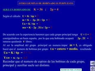 OTRO EJEMPLO DE BOBINADO SUPERPUESTO
SERÁ UN BOBINADO DE K = 36 ; 2p = 4
Según el cálculo U = K / 6p = 3
m = K – 2p. 2U / 2p = 1
Ua = K / 6p = 3
ma = K – 2p . 2Ua / 2p = 2
De acuerdo con la experiencia haremos que cada grupo principal tenga U + 1 = 4
consiguiéndose un buen reparto, por lo que este bobinado ocupará 2p . 2U = 2
ranuras quedando 4 libres.
Al ser la amplitud del grupo principal un numero impar m = 1, es obligado
hacer que el numero de bobinas por grupo Ua = entero + medio, resultando
Ua = K / 6p = 3 + ½
Y120 = K / 3p = 4,5
Recordar que el numero de espiras de las bobinas de cada grupo,
principal y auxiliar suele ser distinto.
HACER CLIC PARA AVANZAR
 