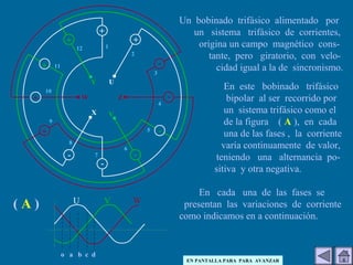 Un bobinado trifásico alimentado por
un sistema trifásico de corrientes,
origina un campo magnético cons-
tante, pero giratorio, con velo-
cidad igual a la de sincronismo.
En este bobinado trifásico
bipolar al ser recorrido por
un sistema trifásico como el
de la figura ( A ), en cada
una de las fases , la corriente
varía continuamente de valor,
teniendo una alternancia po-
sitiva y otra negativa.
En cada una de las fases se
presentan las variaciones de corriente
como indicamos en a continuación.
1
2
3
4
5
6
7
8
9
10
11
12
+
+
-
-
-
-
-
-
+
+
+
+
U
V
W
X
Y
Z
( A )
o a b c d
U V W
EN PANTALLA PARA PARA AVANZAR
 