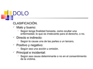 DOLO
CLASIFICACIÓN.
 Malo y bueno:
 Según tenga finalidad honesta, como ocultar una
enfermedad, lo que es irrelevante para el derecho, o no.
 Directo e indirecto:
 Según lo cause una de las partes o un tercero.
 Positivo y negativo:
 Según sea una acción u omisión.
 Principal e incidental:
 Según sea causa determinante o no en el consentimiento
de la víctima.
 