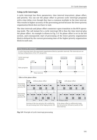 5.9 Cyclic Interrupts
181
Using cyclic interrupts
A cyclic interrupt has three parameters: time interval (execution), phase offset,
and priority. You can use the phase offset to process cyclic interrupt programs
with a time delay even though they have a common multiple in the time interval.
This results in higher accuracy of the processing period because the lower-priority
organization block does not have to wait.
The time intervals and phase offset commence upon transition to the RUN operat-
ing mode. The call instant for a cyclic interrupt OB is thus the time interval plus
the phase offset. An example is shown in Fig. 5.9. No phase offset is set in the left
section, and consequently start of processing of the lower priority organization
block is delayed by the current processing time of the higher priority organization
block in each case.
Fig. 5.9 Principle of cyclic interrupt processing
Effect of the phase offset
Interrupt OB Interrupt OB Interrupt OB
Using a cyclic interrupt
t
t t
t t t
t
t
t
t
t
t
t
t
t t
Phase offset
RUN RUN
 