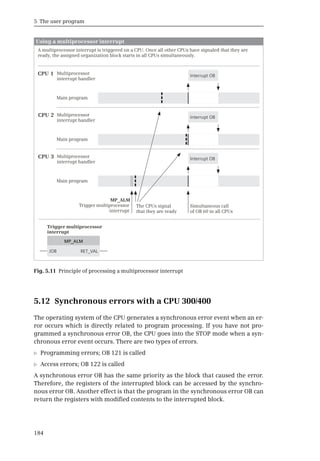 5 The user program
184
5.12 Synchronous errors with a CPU 300/400
The operating system of the CPU generates a synchronous error event when an er-
ror occurs which is directly related to program processing. If you have not pro-
grammed a synchronous error OB, the CPU goes into the STOP mode when a syn-
chronous error event occurs. There are two types of errors.
b Programming errors; OB 121 is called
b Access errors; OB 122 is called
A synchronous error OB has the same priority as the block that caused the error.
Therefore, the registers of the interrupted block can be accessed by the synchro-
nous error OB. Another effect is that the program in the synchronous error OB can
return the registers with modified contents to the interrupted block.
Fig. 5.11 Principle of processing a multiprocessor interrupt
MP_ALM
Interrupt OB
Interrupt OB
Interrupt OB
Using a multiprocessor interrupt
MP_ALM
Trigger multiprocessor
interrupt
JOB RET_VAL
CPU 1
CPU 2
CPU 3
 