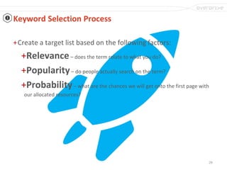 29
Keyword Selection Process
+Create a target list based on the following factors:
+Relevance– does the term relate to what you do?
+Popularity– do people actually search on the term?
+Probability– what are the chances we will get onto the first page with
our allocated resources?
 