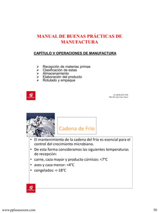www.pplusasesora.com 50
ELABORADO POR
Mba.Msc.Ing.César Suarez
CAPÍTULO V OPERACIONES DE MANUFACTURA
➢ Recepción de materias primas
➢ Clasificación de estas
➢ Almacenamiento
➢ Elaboración del producto
➢ Rotulado y empaque
MANUAL DE BUENAS PRÁCTICAS DE
MANUFACTURA
Cadena de Frio
• El mantenimiento de la cadena del frío es esencial para el
control del crecimiento microbiano.
• De esta forma consideramos las siguientes temperaturas
de recepción:
• carne, caza mayor y producto cárnicos: <7ºC
• aves y caza menor: <4ºC
• congelados: <-18ºC
 
