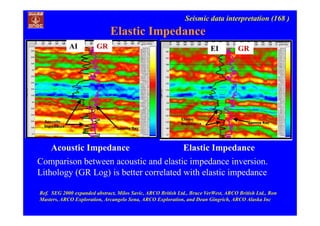 Seismic data interpretation (168 )
Elastic Impedance
Elastic ImpedanceAcoustic Impedance
Ref. SEG 2000 expanded abstract, Milos Savic, ARCO British Ltd., Bruce VerWest, ARCO British Ltd., Ron
Masters, ARCO Exploration, Arcangelo Sena, ARCO Exploration, and Dean Gingrich, ARCO Alaska Inc
Comparison between acoustic and elastic impedance inversion.
Lithology (GR Log) is better correlated with elastic impedance
GRAI GREI
 