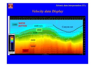 Seismic data interpretation (53 )
WATER
BOTTOM Canyon cut
3800
3300
2600
2100
1800
1600 m/s
1500
Velocity data Display
 