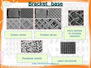 Bracket baseBracket base
Ovation seriesVictory series
micro etched
to increase
retention
Powdered coated
Laser structured
www.indiandentalacademy.co
m
 