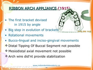 RIBBON ARCH APPLIANCERIBBON ARCH APPLIANCE (1915)(1915)
• The first bracket devised
in 1915 by angle
• Big step in evolution of brackets
• Rotational movements
• Bucco-lingual and inciso-gingival movements
 Distal Tipping Of Buccal Segment not possible
 Mesiodistal axial movement not possible
 Arch wire did’nt provide stabilization
www.indiandentalacademy.co
m
 