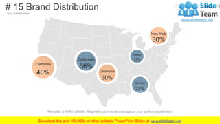# 15 Brand Distribution
Your Subtitle Here
This slide is 100% editable. Adapt it to your needs and capture your audience's attention.
Oklahoma
30%
California
40%
Indiana
17%Colorado
36%
New York
30%
Georgia
22%
WWW.COMPANY .COM 35
 