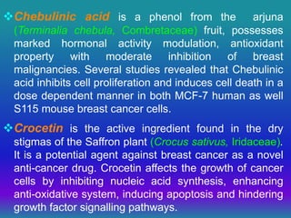 Chebulinic acid is a phenol from the arjuna
(Terminalia chebula, Combretaceae) fruit, possesses
marked hormonal activity modulation, antioxidant
property with moderate inhibition of breast
malignancies. Several studies revealed that Chebulinic
acid inhibits cell proliferation and induces cell death in a
dose dependent manner in both MCF-7 human as well
S115 mouse breast cancer cells.
Crocetin is the active ingredient found in the dry
stigmas of the Saffron plant (Crocus sativus, Iridaceae).
It is a potential agent against breast cancer as a novel
anti-cancer drug. Crocetin affects the growth of cancer
cells by inhibiting nucleic acid synthesis, enhancing
anti-oxidative system, inducing apoptosis and hindering
growth factor signalling pathways.
 
