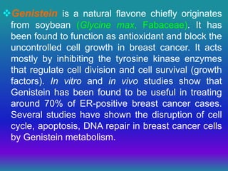 Genistein is a natural flavone chiefly originates
from soybean (Glycine max, Fabaceae). It has
been found to function as antioxidant and block the
uncontrolled cell growth in breast cancer. It acts
mostly by inhibiting the tyrosine kinase enzymes
that regulate cell division and cell survival (growth
factors). In vitro and in vivo studies show that
Genistein has been found to be useful in treating
around 70% of ER-positive breast cancer cases.
Several studies have shown the disruption of cell
cycle, apoptosis, DNA repair in breast cancer cells
by Genistein metabolism.
 