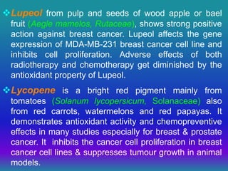 Lupeol from pulp and seeds of wood apple or bael
fruit (Aegle mamelos, Rutaceae), shows strong positive
action against breast cancer. Lupeol affects the gene
expression of MDA-MB-231 breast cancer cell line and
inhibits cell proliferation. Adverse effects of both
radiotherapy and chemotherapy get diminished by the
antioxidant property of Lupeol.
Lycopene is a bright red pigment mainly from
tomatoes (Solanum lycopersicum, Solanaceae) also
from red carrots, watermelons and red papayas. It
demonstrates antioxidant activity and chemopreventive
effects in many studies especially for breast & prostate
cancer. It inhibits the cancer cell proliferation in breast
cancer cell lines & suppresses tumour growth in animal
models.
 