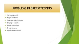 PROBLEMS IN BREASTFEEDING
 Not enough milk
 Nipple confusion
 Sore or cracked nipples
 Engorged breasts
 Retracted nipples
 Breast abscess
 Expressed breastmilk
 