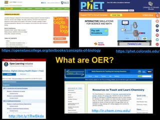 What are OER?
https://phet.colorado.edu/
http://ir.chem.cmu.edu/
https://openstaxcollege.org/textbooks/concepts-of-biology
http://bit.ly/1RwBkda
 