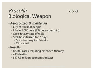 Brucella as a
Biological Weapon
◦ Aerosolized B. melitensis
◦ City of 100,000 people
◦ Inhale 1,000 cells (2% decay per min)
◦ Case-fatality rate of 0.5%
◦ 50% hospitalized for 7 days
◦ Outpatients required 14 visits
◦ 5% relapsed
◦ Results
◦ 82,500 cases requiring extended therapy
◦ 413 deaths
◦ $477.7 million economic impact
Center for Food Security and Public Health, Iowa State University, 2012
 