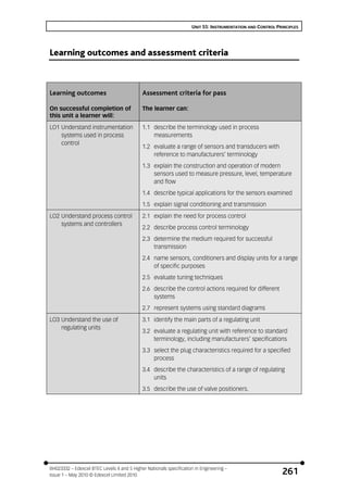 UNIT 55: INSTRUMENTATION AND CONTROL PRINCIPLES
BH023332 – Edexcel BTEC Levels 4 and 5 Higher Nationals specification in Engineering –
Issue 1 – May 2010 © Edexcel Limited 2010 261
Learning outcomes and assessment criteria
Learning outcomes
On successful completion of
this unit a learner will:
Assessment criteria for pass
The learner can:
LO1 Understand instrumentation
systems used in process
control
1.1 describe the terminology used in process
measurements
1.2 evaluate a range of sensors and transducers with
reference to manufacturers’ terminology
1.3 explain the construction and operation of modern
sensors used to measure pressure, level, temperature
and flow
1.4 describe typical applications for the sensors examined
1.5 explain signal conditioning and transmission
LO2 Understand process control
systems and controllers
2.1 explain the need for process control
2.2 describe process control terminology
2.3 determine the medium required for successful
transmission
2.4 name sensors, conditioners and display units for a range
of specific purposes
2.5 evaluate tuning techniques
2.6 describe the control actions required for different
systems
2.7 represent systems using standard diagrams
LO3 Understand the use of
regulating units
3.1 identify the main parts of a regulating unit
3.2 evaluate a regulating unit with reference to standard
terminology, including manufacturers’ specifications
3.3 select the plug characteristics required for a specified
process
3.4 describe the characteristics of a range of regulating
units
3.5 describe the use of valve positioners.
 