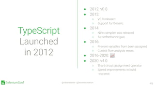 @vibranttester | @wswebcreation
49
● 2012: v0.8
● 2013:
○ V0.9 released
○ Support for Generic
● 2014:
○ New compiler was released
○ 5x performance gain
● 2016:
○ Prevent variables from been assigned
○ Control ﬂow analysis errors
● 2016-2020: 📈
● 2020: v4.0
○ Short circuit assignment operator
○ Speed improvements in build
--no-emit
TypeScript
Launched
in 2012
 